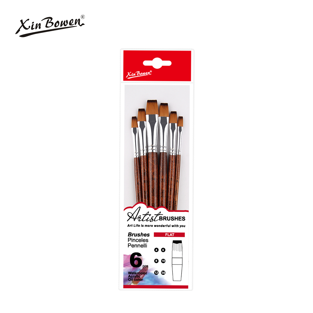 tea color flat head paintbrush pvc bag 6pieces set
