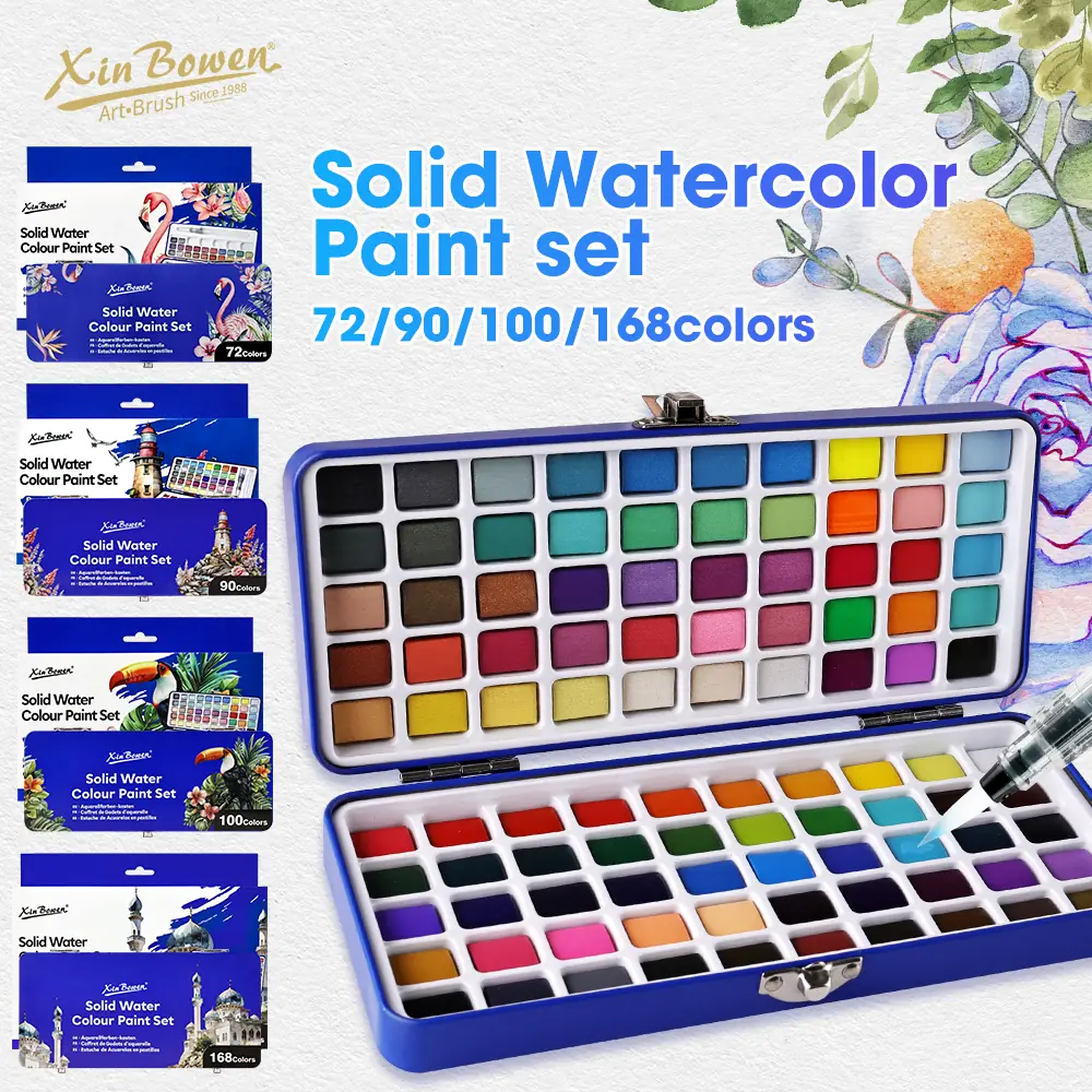 Xin Bowen Beautiful 72 90 100 168 Colors Soild Watercolors Painting Tools Kit 1
