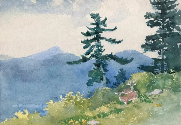 watercolor landscape with trees and mountains