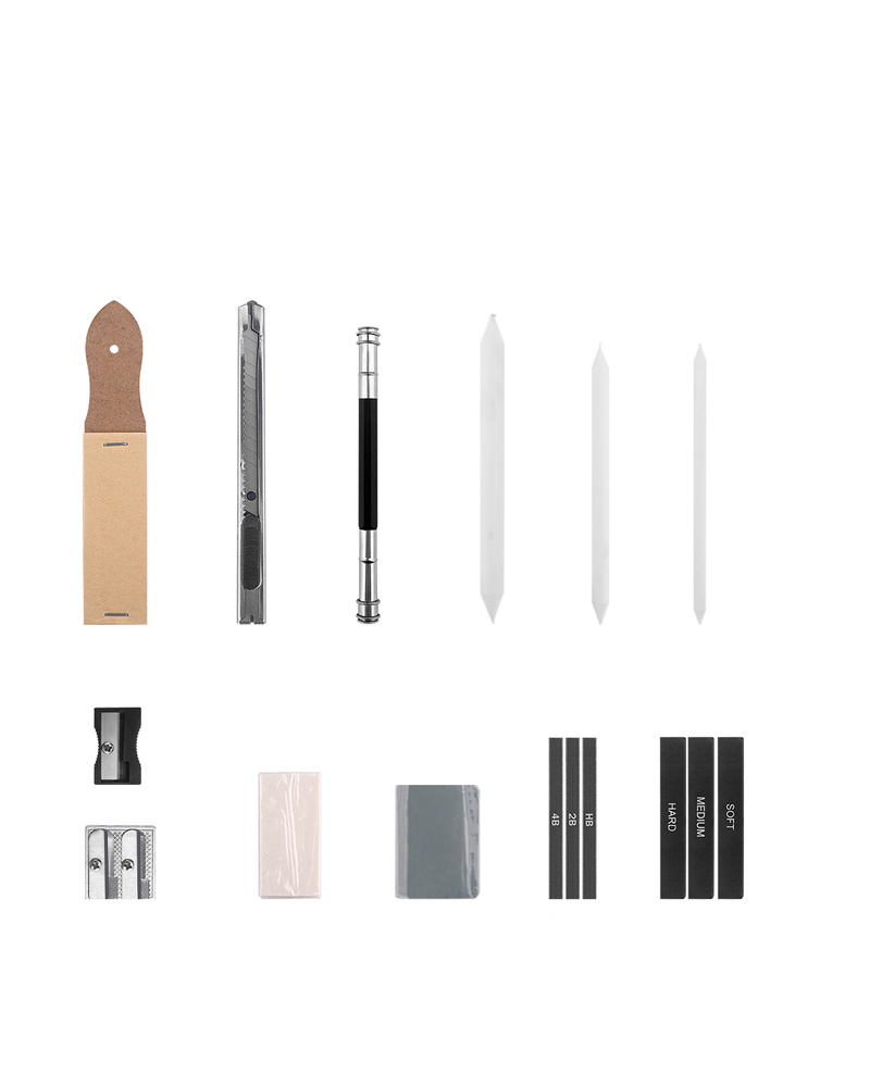 Thirty five piece artist sketching tools set with charcoal, graphite and drawing pencils on a plain white background
