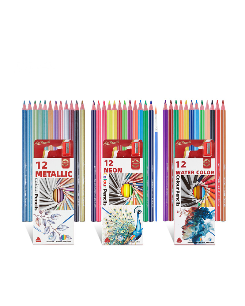 Colored pencil blister packs printed for metallic, neon and water color ranges on a plain white background