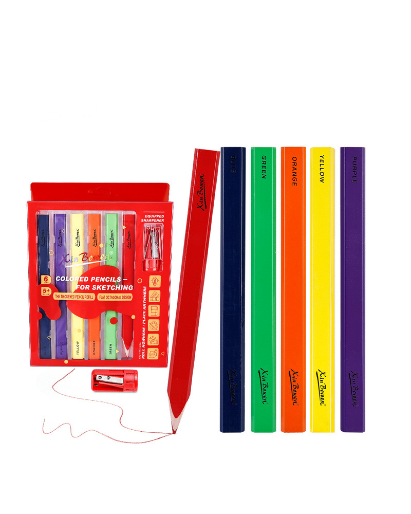 Thick core flat octagonal colored pencils on a plain white background